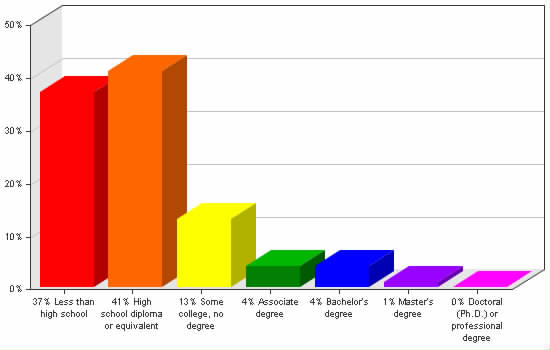 Chart showing education levels: Less than high school 37%; High school diploma or equivalent 41%; Some college, no degree 13%; Associate degree 4%; Bachelor's degree 4%; Master's degree 1%; Doctoral (Ph.D.) or professional degree 0%