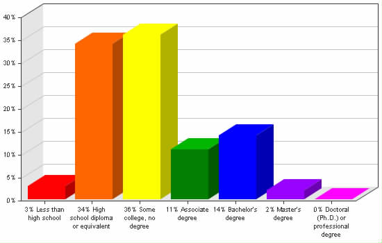 Chart showing education levels: Less than high school 3%; High school diploma or equivalent 34%; Some college, no degree 36%; Associate degree 11%; Bachelor's degree 14%; Master's degree 2%; Doctoral (Ph.D.) or professional degree 0%