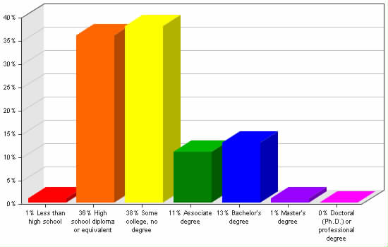 Chart showing education levels: Less than high school 1%; High school diploma or equivalent 36%; Some college, no degree 38%; Associate degree 11%; Bachelor's degree 13%; Master's degree 1%; Doctoral (Ph.D.) or professional degree 0%