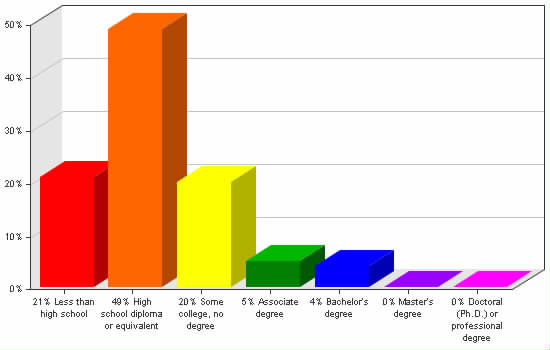 Chart showing education levels: Less than high school 21%; High school diploma or equivalent 49%; Some college, no degree 20%; Associate degree 5%; Bachelor's degree 4%; Master's degree 0%; Doctoral (Ph.D.) or professional degree 0%