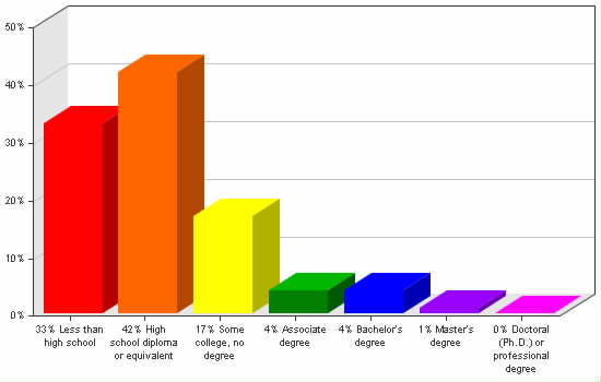 Chart showing education levels: Less than high school 33%; High school diploma or equivalent 42%; Some college, no degree 17%; Associate degree 4%; Bachelor's degree 4%; Master's degree 1%; Doctoral (Ph.D.) or professional degree 0%