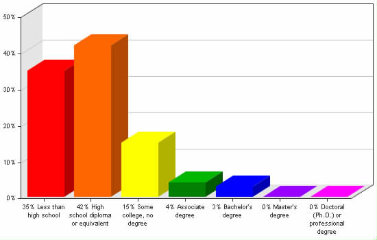 Chart showing education levels: Less than high school 35%; High school diploma or equivalent 42%; Some college, no degree 15%; Associate degree 4%; Bachelor's degree 3%; Master's degree 0%; Doctoral (Ph.D.) or professional degree 0%