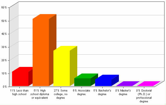 Chart showing education levels: Less than high school 11%; High school diploma or equivalent 51%; Some college, no degree 27%; Associate degree 6%; Bachelor's degree 5%; Master's degree 0%; Doctoral (Ph.D.) or professional degree 0%