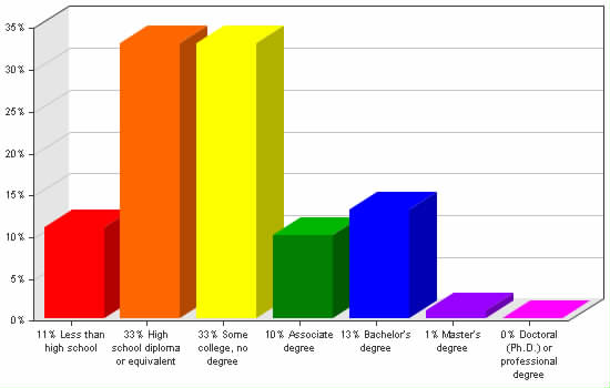 Chart showing education levels: Less than high school 11%; High school diploma or equivalent 33%; Some college, no degree 33%; Associate degree 10%; Bachelor's degree 13%; Master's degree 1%; Doctoral (Ph.D.) or professional degree 0%