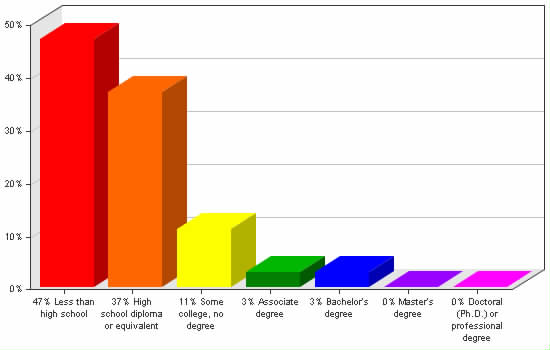 Chart showing education levels: Less than high school 47%; High school diploma or equivalent 37%; Some college, no degree 11%; Associate degree 3%; Bachelor's degree 3%; Master's degree 0%; Doctoral (Ph.D.) or professional degree 0%