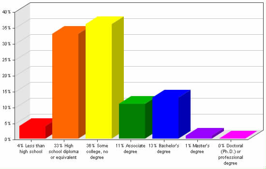 Chart showing education levels: Less than high school 4%; High school diploma or equivalent 33%; Some college, no degree 36%; Associate degree 11%; Bachelor's degree 13%; Master's degree 1%; Doctoral (Ph.D.) or professional degree 0%