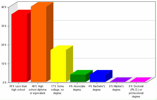 Chart showing education levels: Less than high school 36%; High school diploma or equivalent 40%; Some college, no degree 17%; Associate degree 4%; Bachelor's degree 4%; Master's degree 0%; Doctoral (Ph.D.) or professional degree 0%