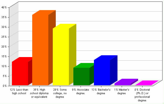 Chart showing education levels: Less than high school 12%; High school diploma or equivalent 36%; Some college, no degree 29%; Associate degree 9%; Bachelor's degree 13%; Master's degree 1%; Doctoral (Ph.D.) or professional degree 0%