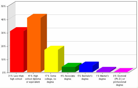 Chart showing education levels: Less than high school 31%; High school diploma or equivalent 41%; Some college, no degree 17%; Associate degree 4%; Bachelor's degree 5%; Master's degree 1%; Doctoral (Ph.D.) or professional degree 0%