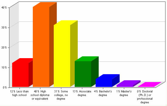 Chart showing education levels: Less than high school 12%; High school diploma or equivalent 40%; Some college, no degree 31%; Associate degree 13%; Bachelor's degree 4%; Master's degree 1%; Doctoral (Ph.D.) or professional degree 0%