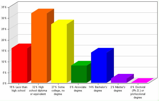 Chart showing education levels: Less than high school 16%; High school diploma or equivalent 32%; Some college, no degree 27%; Associate degree 8%; Bachelor's degree 14%; Master's degree 2%; Doctoral (Ph.D.) or professional degree 0%