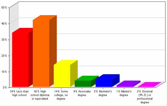 Chart showing education levels: Less than high school 34%; High school diploma or equivalent 42%; Some college, no degree 14%; Associate degree 4%; Bachelor's degree 5%; Master's degree 1%; Doctoral (Ph.D.) or professional degree 0%