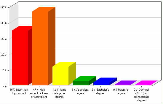 Chart showing education levels: Less than high school 35%; High school diploma or equivalent 47%; Some college, no degree 12%; Associate degree 3%; Bachelor's degree 2%; Master's degree 0%; Doctoral (Ph.D.) or professional degree 0%