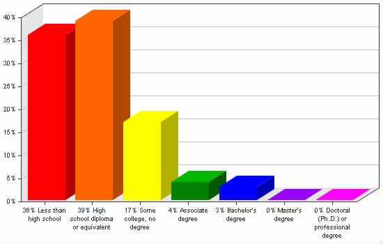 Chart showing education levels: Less than high school 36%; High school diploma or equivalent 39%; Some college, no degree 17%; Associate degree 4%; Bachelor's degree 3%; Master's degree 0%; Doctoral (Ph.D.) or professional degree 0%