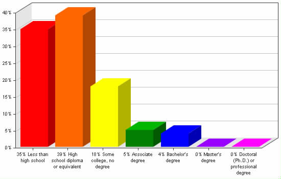 Chart showing education levels: Less than high school 35%; High school diploma or equivalent 39%; Some college, no degree 18%; Associate degree 5%; Bachelor's degree 4%; Master's degree 0%; Doctoral (Ph.D.) or professional degree 0%