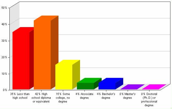 Chart showing education levels: Less than high school 35%; High school diploma or equivalent 42%; Some college, no degree 15%; Associate degree 4%; Bachelor's degree 4%; Master's degree 0%; Doctoral (Ph.D.) or professional degree 0%