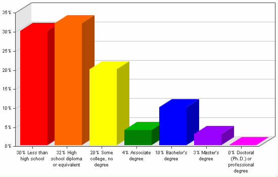 Chart showing education levels: Less than high school 30%; High school diploma or equivalent 32%; Some college, no degree 20%; Associate degree 4%; Bachelor's degree 10%; Master's degree 3%; Doctoral (Ph.D.) or professional degree 0%