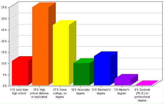 Chart showing education levels: Less than high school 11%; High school diploma or equivalent 35%; Some college, no degree 27%; Associate degree 10%; Bachelor's degree 13%; Master's degree 3%; Doctoral (Ph.D.) or professional degree 0%