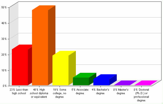 Chart showing education levels: Less than high school 23%; High school diploma or equivalent 48%; Some college, no degree 19%; Associate degree 5%; Bachelor's degree 4%; Master's degree 0%; Doctoral (Ph.D.) or professional degree 0%