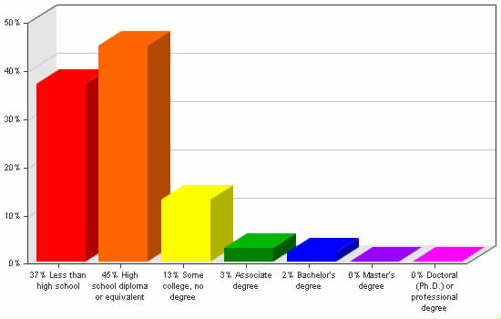 Chart showing education levels: Less than high school 37%; High school diploma or equivalent 45%; Some college, no degree 13%; Associate degree 3%; Bachelor's degree 2%; Master's degree 0%; Doctoral (Ph.D.) or professional degree 0%