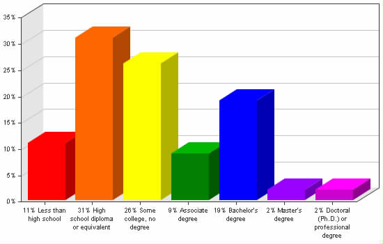 Chart showing education levels: Less than high school 11%; High school diploma or equivalent 31%; Some college, no degree 26%; Associate degree 9%; Bachelor's degree 19%; Master's degree 2%; Doctoral (Ph.D.) or professional degree 2%