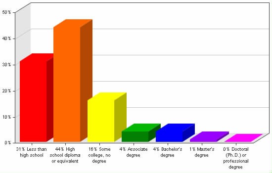 Chart showing education levels: Less than high school 31%; High school diploma or equivalent 44%; Some college, no degree 16%; Associate degree 4%; Bachelor's degree 4%; Master's degree 1%; Doctoral (Ph.D.) or professional degree 0%