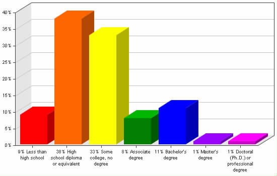 Chart showing education levels: Less than high school 9%; High school diploma or equivalent 38%; Some college, no degree 33%; Associate degree 8%; Bachelor's degree 11%; Master's degree 1%; Doctoral (Ph.D.) or professional degree 1%