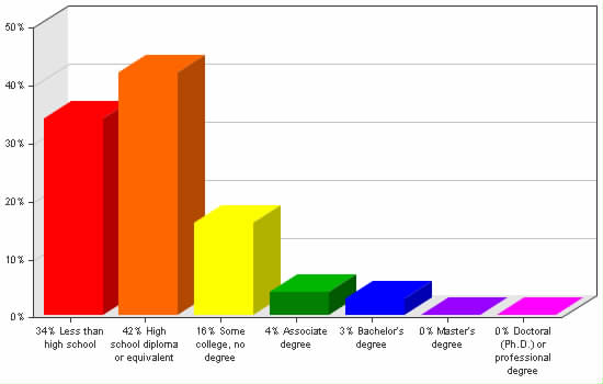 Chart showing education levels: Less than high school 34%; High school diploma or equivalent 42%; Some college, no degree 16%; Associate degree 4%; Bachelor's degree 3%; Master's degree 0%; Doctoral (Ph.D.) or professional degree 0%