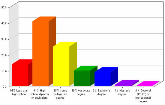 Chart showing education levels: Less than high school 14%; High school diploma or equivalent 41%; Some college, no degree 25%; Associate degree 10%; Bachelor's degree 9%; Master's degree 1%; Doctoral (Ph.D.) or professional degree 0%