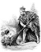 George V dressed in the ceremonial robes of the Order of the Garter uses a broom to sweep aside assorted crowns labelled 