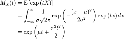 
\begin{align}
M_X(t) & {} = \mathrm{E} \left[ \exp{(tX)} \right] \\
& {} = \int_{-\infty}^{\infty}  \frac{1}{\sigma \sqrt{2\pi} }
\exp{\left( -\frac{(x - \mu)^2}{2 \sigma^2} \right)}
\exp{(tx)} \, dx \\
& {} = \exp{ \left(  \mu t + \frac{\sigma^2 t^2}{2} \right)}
\end{align}

