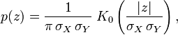 p(z) = \frac{1}{\pi\,\sigma_X\,\sigma_Y} \; K_0\left(\frac{|z|}{\sigma_X\,\sigma_Y}\right),