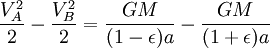 \frac{V_A^2}{2}-\frac{V_B^2}{2} =\frac{GM}{(1-\epsilon)a}-\frac{GM}{(1+\epsilon)a}