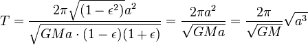 T=\frac{2\pi \sqrt{(1-\epsilon^2)}a^2}{\sqrt{GMa\cdot(1-\epsilon)(1+\epsilon)}} =\frac{2\pi a^2}{\sqrt{GMa}}=
\frac{2\pi}{\sqrt{GM}}\sqrt{a^3}
