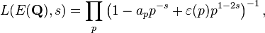 L(E(\mathbf{Q}), s) = \prod_p \left(1 - a_p p^{-s} + \varepsilon(p)p^{1 - 2s}\right)^{-1},