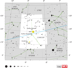 Diagram showing star positions and boundaries of the constellation of Cancer and its surroundings