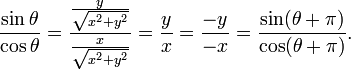 \frac{\sin \theta }{\cos \theta } = \frac{\frac{y}{\sqrt{x^2 + y^2}}}{\frac{x}{\sqrt{x^2 + y^2}}} = \frac{y}{x} =  \frac{-y}{-x} = \frac{\sin (\theta + \pi)}{\cos (\theta + \pi) }. 
