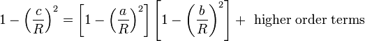 1-\left(\frac{c}{R}\right)^2= \left[1-\left(\frac{a}{R}\right)^2 \right]\left[1-\left(\frac{b}{R}\right)^2 \right] + \ \mathrm{higher\ order\ terms} 