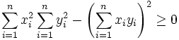 
\sum_{i=1}^n x_i^2 \sum_{i=1}^n y_i^2 - \left( \sum_{i=1}^n x_i y_i \right)^2 \geq 0 
