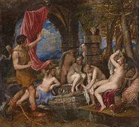 Painting of a man happening upon a group of nude women, bathing in a grotto-like space.