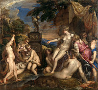 Painting of two groups of mostly nude women; on the right, the goddess Diana points accusingly at a woman in the left group who lies on the floor in a state of distress.