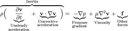 
\overbrace{\rho \Big(
\underbrace{\frac{\partial \mathbf{v}}{\partial t}}_{
\begin{smallmatrix}
  \text{Unsteady}\\
  \text{acceleration}
\end{smallmatrix}} + 
\underbrace{\mathbf{v} \cdot \nabla \mathbf{v}}_{
\begin{smallmatrix}
  \text{Convective} \\
  \text{acceleration}
\end{smallmatrix}}\Big)}^{\text{Inertia}} =
\underbrace{-\nabla p}_{
\begin{smallmatrix}
  \text{Pressure} \\
  \text{gradient}
\end{smallmatrix}} + 
\underbrace{\mu \nabla^2 \mathbf{v}}_{\text{Viscosity}} + 
\underbrace{\mathbf{f}}_{
\begin{smallmatrix}
  \text{Other} \\
  \text{forces}
\end{smallmatrix}}
