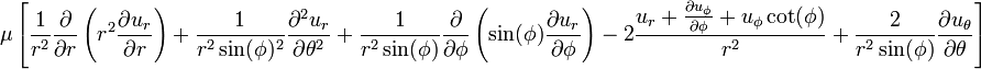 
\mu \left[
\frac{1}{r^2} \frac{\partial}{\partial r}\left(r^2 \frac{\partial u_r}{\partial r}\right) + 
\frac{1}{r^2 \sin(\phi)^2} \frac{\partial^2 u_r}{\partial \theta^2} + 
\frac{1}{r^2 \sin(\phi)} \frac{\partial}{\partial \phi}\left(\sin(\phi) \frac{\partial u_r}{\partial \phi}\right) - 
2 \frac{u_r + \frac{\partial u_{\phi}}{\partial \phi} + u_{\phi} \cot(\phi)}{r^2} + 
\frac{2}{r^2 \sin(\phi)} \frac{\partial u_{\theta}}{\partial \theta}
\right]
