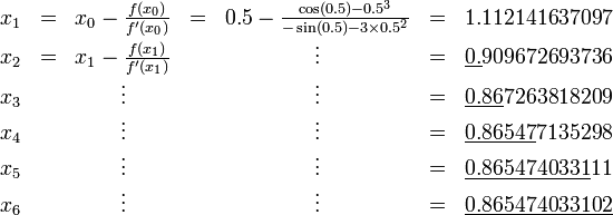 \begin{matrix}
  x_1 & = & x_0 - \frac{f(x_0)}{f'(x_0)} & = & 0.5 - \frac{\cos(0.5) - 0.5^3}{-\sin(0.5) - 3 \times 0.5^2} & = & 1.112141637097 \\
  x_2 & = & x_1 - \frac{f(x_1)}{f'(x_1)} & & \vdots & = & \underline{0.}909672693736 \\
  x_3 & & \vdots & & \vdots & = & \underline{0.86}7263818209 \\
  x_4 & & \vdots & & \vdots & = & \underline{0.86547}7135298 \\
  x_5 & & \vdots & & \vdots & = & \underline{0.8654740331}11 \\
  x_6 & & \vdots & & \vdots & = & \underline{0.865474033102}
\end{matrix}
