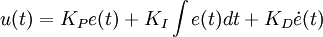 u(t) =  K_P e(t) + K_I \int e(t)dt + K_D \dot{e}(t)