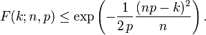  F(k;n,p) \leq \exp\left(-\frac{1}{2\,p} \frac{(np-k)^2}{n}\right). \!