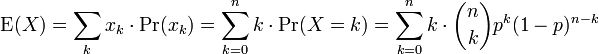 \operatorname{E}(X) = \sum_k x_k \cdot \operatorname{Pr}(x_k) = \sum_{k=0}^n k \cdot \operatorname{Pr}(X=k)

= \sum_{k=0}^n k \cdot {n\choose k}p^k(1-p)^{n-k}