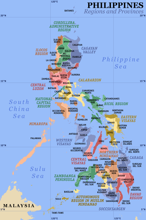 A clickable map of the Philippines exhibiting its 17 regions and 80 provinces.