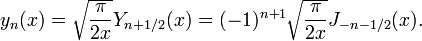 y_n(x) = \sqrt{\frac{\pi}{2x}} Y_{n+1/2}(x) = (-1)^{n+1} \sqrt{\frac{\pi}{2x}} J_{-n-1/2}(x).