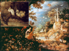 Painting of various animals and people in a forest, including a whitish Dodo